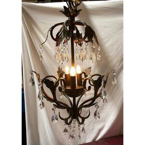 Chandelier 3 Light Antique Rubbed Brass Leaf Scroll 31 2-Tier Prism Crystals